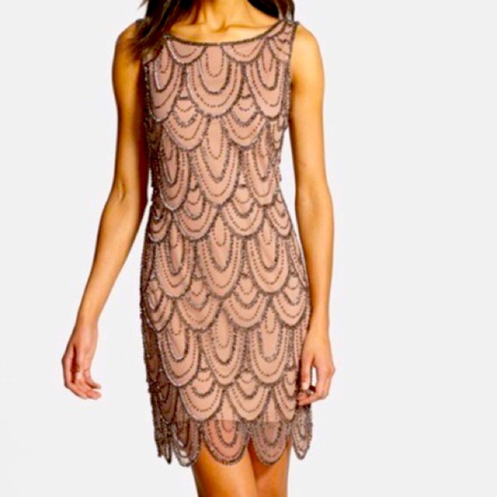 Pisarro Nights nude mesh beaded dress size 12 NWT